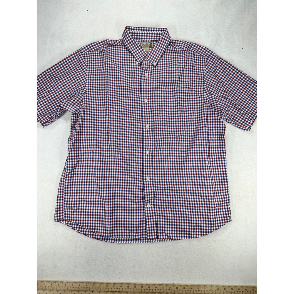 Duluth Trading Co Mens XL Red Blue Gingham Cotton Short Sleeve Button Down Shirt